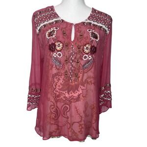 Soft Surroundings Boho Embroidered Beaded Sheer Paisley Tunic Top Petite Medium‎